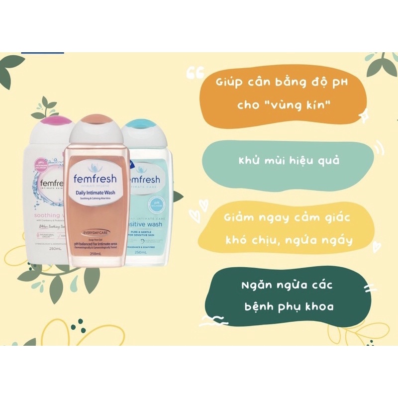 Femfresh Dung dịch vệ sinh Phụ Nữ Úc 250ml ddvs femfesh phụ khoa mùi hương dễ chịu, cung cấp độ ẩm dịu nhẹ