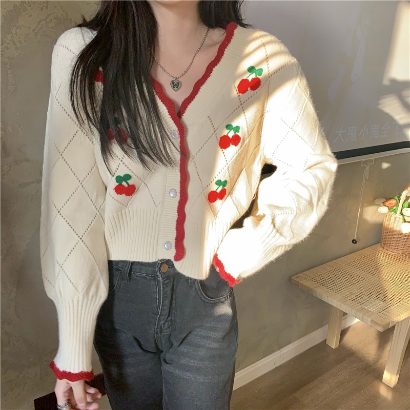 (Sẵn đen) Áo kiểu dài tay dáng ngắn trắng viền đỏ lượn sóng anh đào