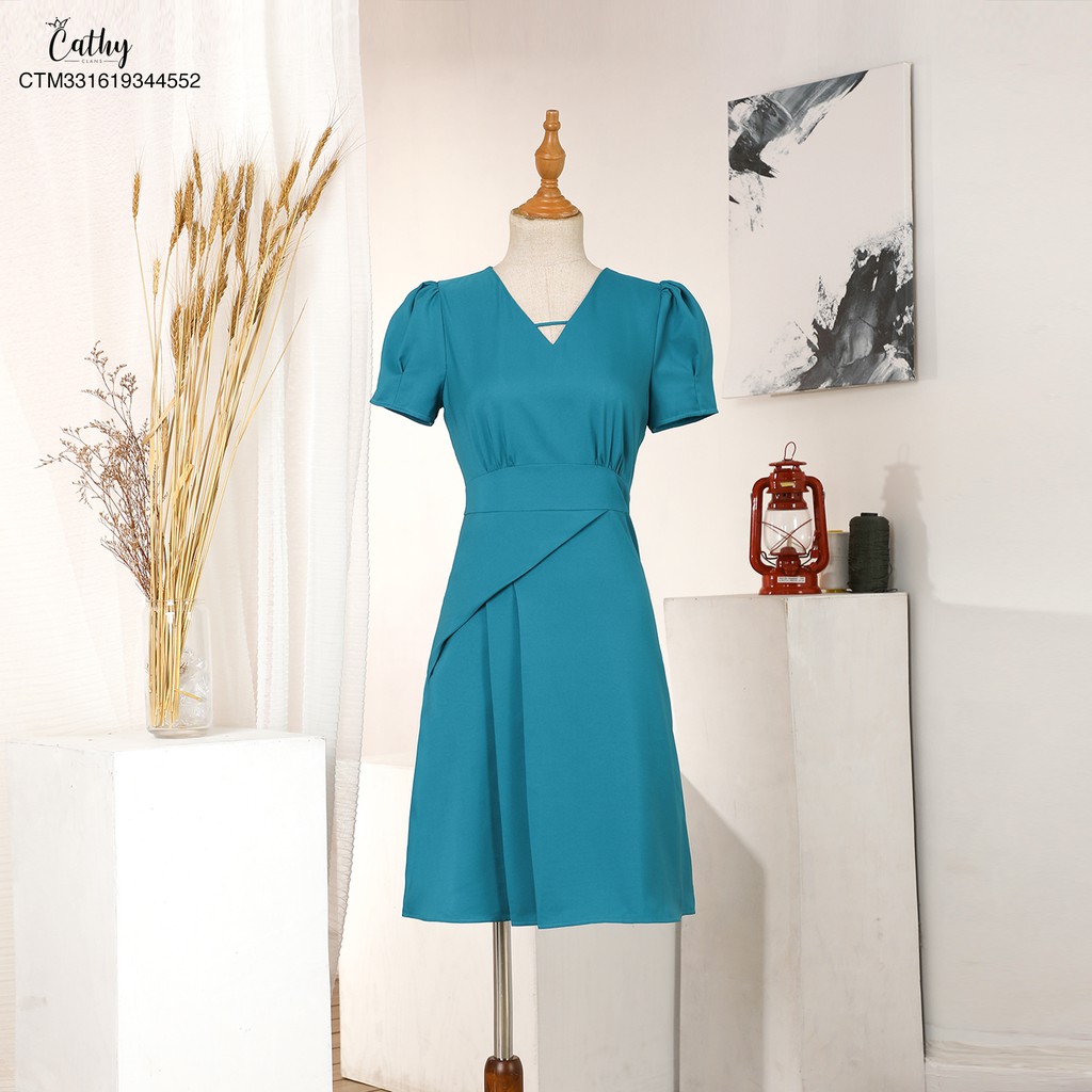 Đầm phom A công sở Cathy Clans giả áo phủ 1 bên xếp 2 ly - xanh ngọc bích