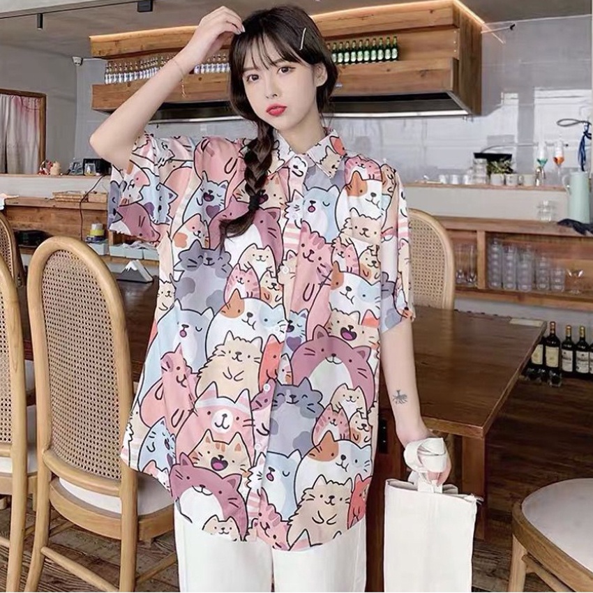 Áo sơ mi, áo sơ mi nam nữ unisex in hình mèo cute, chất vải poly mềm mát trẻ trung, cá tính QC5