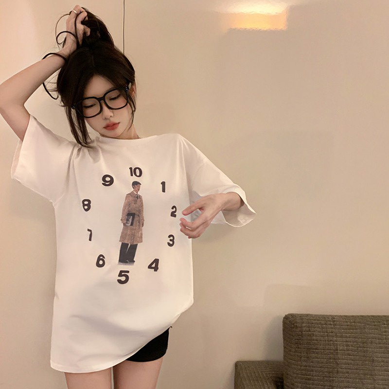 Áo Thun Tay Ngắn Cổ Tròn In Họa Tiết Phong Cách Hàn Quốc Thời Trang Cho Nữ