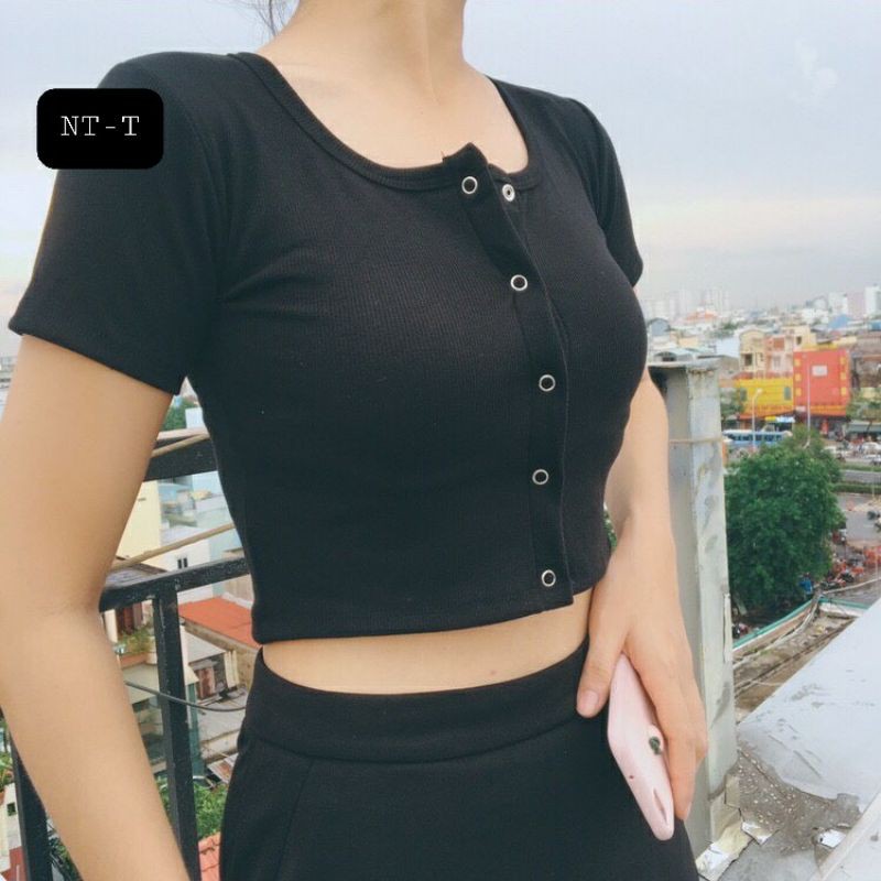 ÁO CROPTOP CÚC THẬT NHIỀU MÀU, Cúc bấm cúc cài