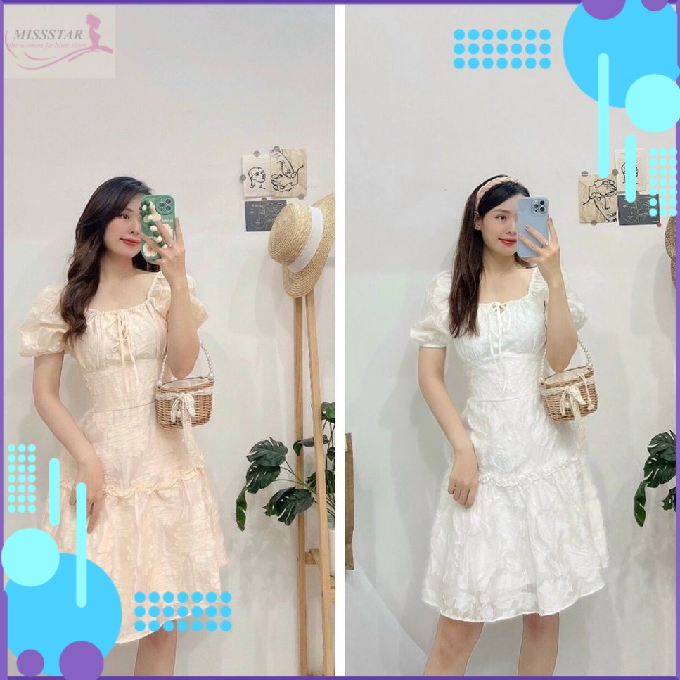 Đầm Voan Ren Thêu Hoa Tiểu Thư Phối Tay Bồng Thắt Nơ Ngực Tôn Vòng 1 Xinh Xắn, Nữ Tính, Chất Voan Mềm Mịn, Mát, Bền Đẹp