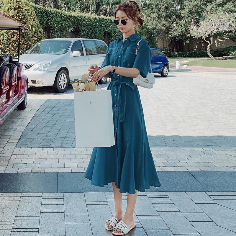 Đầm Sơ Mi Đuôi Cá Dáng Dài Màu Xanh Dương/Đỏ/Xanh Dương/Đen Thời Trang Mùa Hè Phong Cách Hàn Quốc Cho Nữ