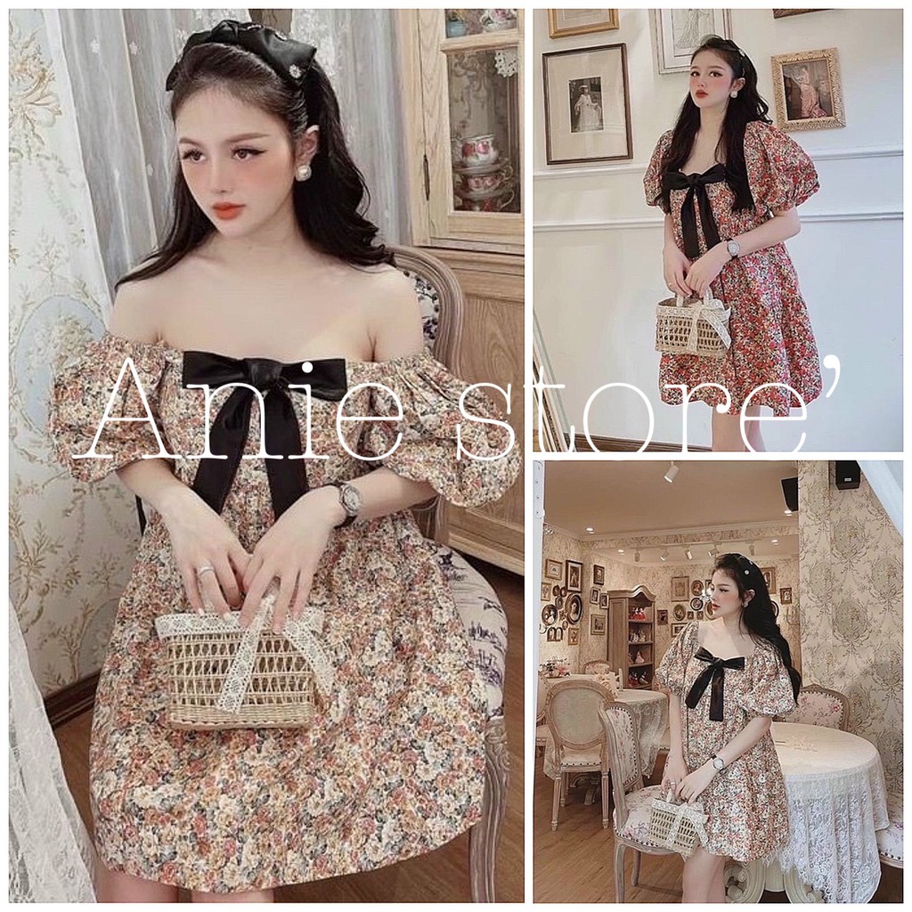 Đầm Babydoll Nữ Hoa Nhí Phối Nơ Cổ Vuông 🦋 Váy Nữ Tiểu Thư Cộc Tay Dáng Xòe 2 Màu 🦋