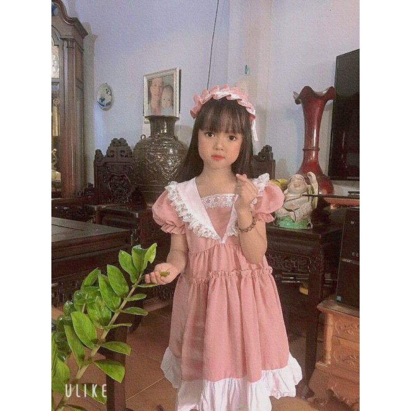 Đầm bé gái dolly hồng ❤️ FREESHIP ❤️ Váy trẻ em hồng bèo dễ thương cao cấp kèm băng đô size 5kg - 30kg