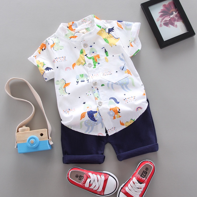 Áo sơ mi trẻ em set Quần áo bé trai 0-4 tuổi bé trai hoạt hình họa tiết ngựa áo sơ mi áo phông quần đùi Bộ 2 mảnh