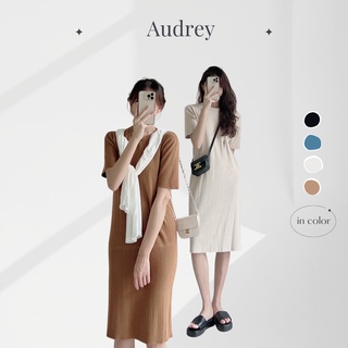V1333 váy len tăm midi audrey ngắn tay dáng suông