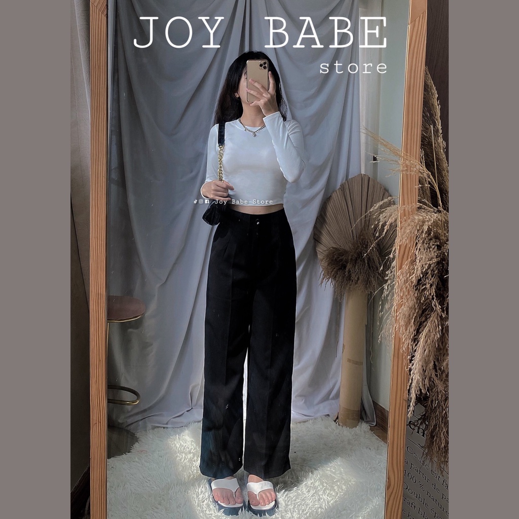 Áo croptop tay dài Basic JOY BABE❤️ thun nhập cao cấp tôn dáng co giãn 4 chiều áo kiểu nữ trắng đen trơn crop CROD 1 -2E