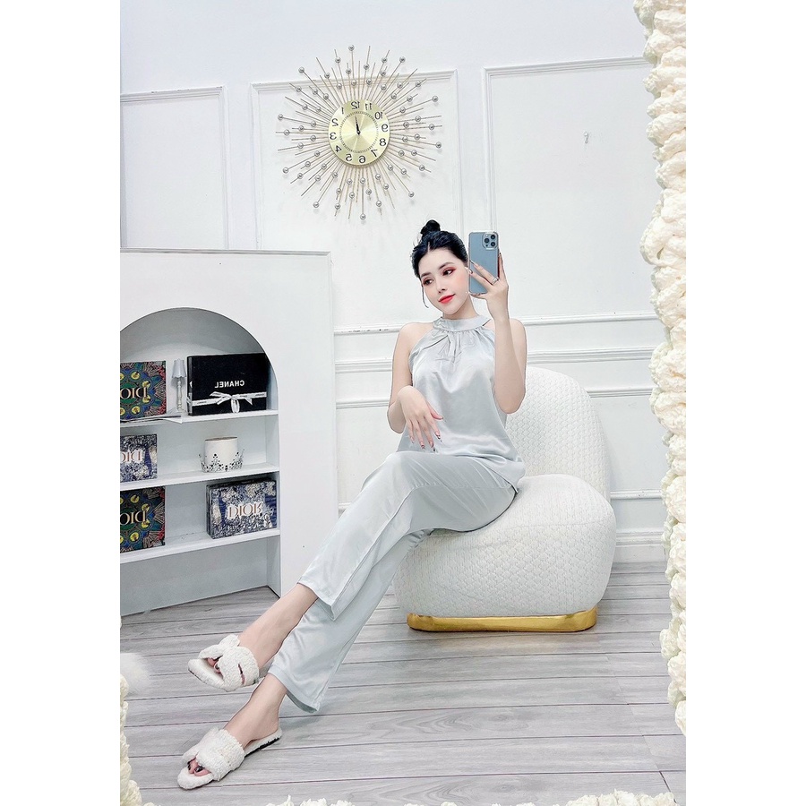 Set Bộ Áo Yếm Lụa Chất Liệu Tuyết Nhung Quần Lụa Dài Phong Cách Đơn Giản
