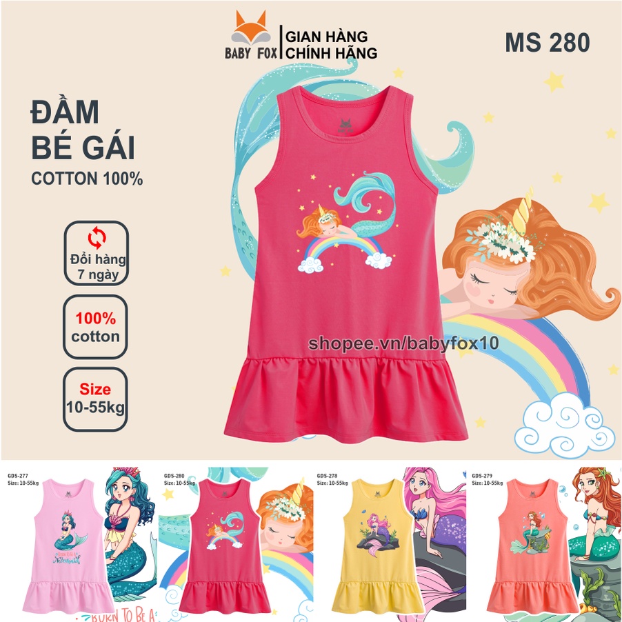 Váy đầm bé gái thun 100% cotton vải tốt, thương hiệu BABY FOX, in nàng tiên cá, size nhỏ, trung, đại c