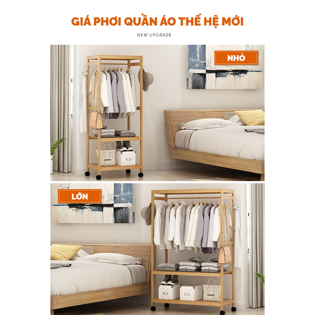 GIÁ KỆ TREO QUẦN ÁO KÈM GIÁ ĐỂ ĐỒ TIỆN LỢI CHÍNH HÃNG AVOHOME, LOẠI CÂY TREO ĐỒ BẰNG GỖ CÓ BÁNH XE