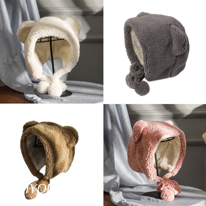 Mũ lông nhung dày dặn hình tai gấu có dây buộc cằm đính quả bông giữ ấm chống gió mùa đông cho nữ
