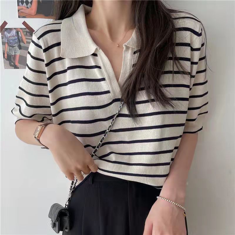 Áo Thun polo Ngắn Tay Cổ Chữ v Họa Tiết Kẻ Sọc Thời Trang Mùa Hè Hàng Mới Dành Cho Nữ