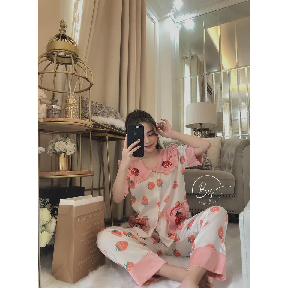 BỘ ngủ lụa áo cộc tay ,quần dài xinh xắn(kèm ảnh thật,video)