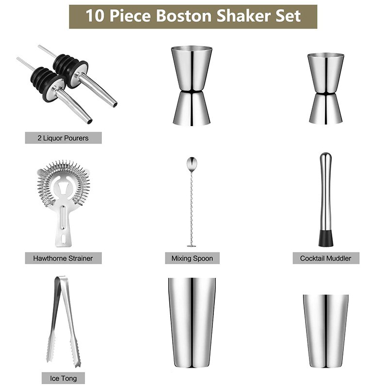 Boston Shaker Cocktail Shaker Set 9 Piece, Martini Shaker, Bartender Kit with Hawthorne Strainer/Ice Tong