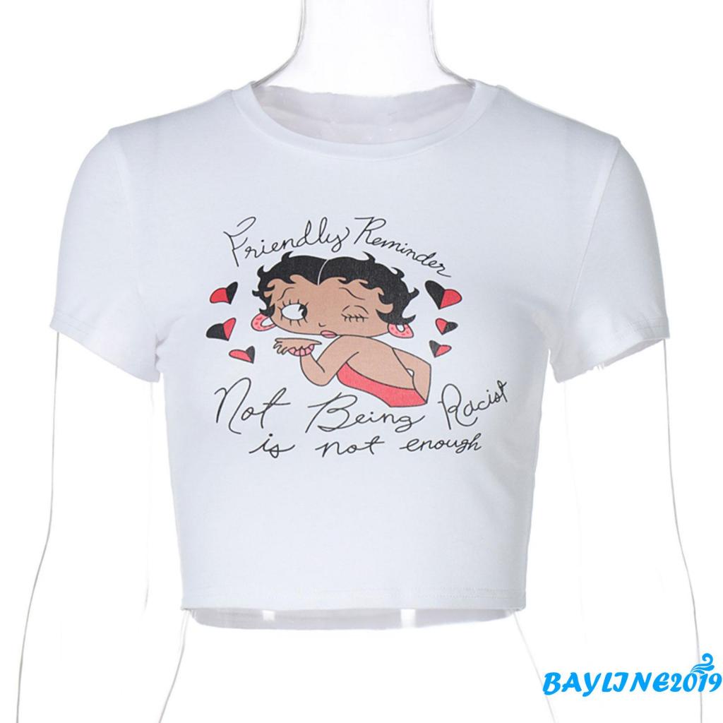 Áo Croptop Tay Ngắn Cổ Tròn In Họa Tiết Hoạt Hình Dành Cho Nữ