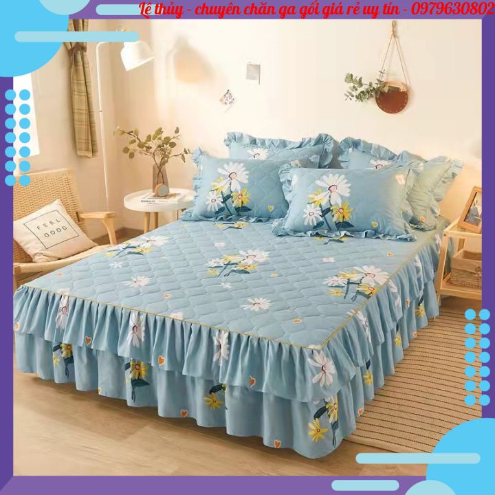 Bộ ga gối cotton trần bông 2 lớp, Ga gối phủ bèo cotton hàng nhập