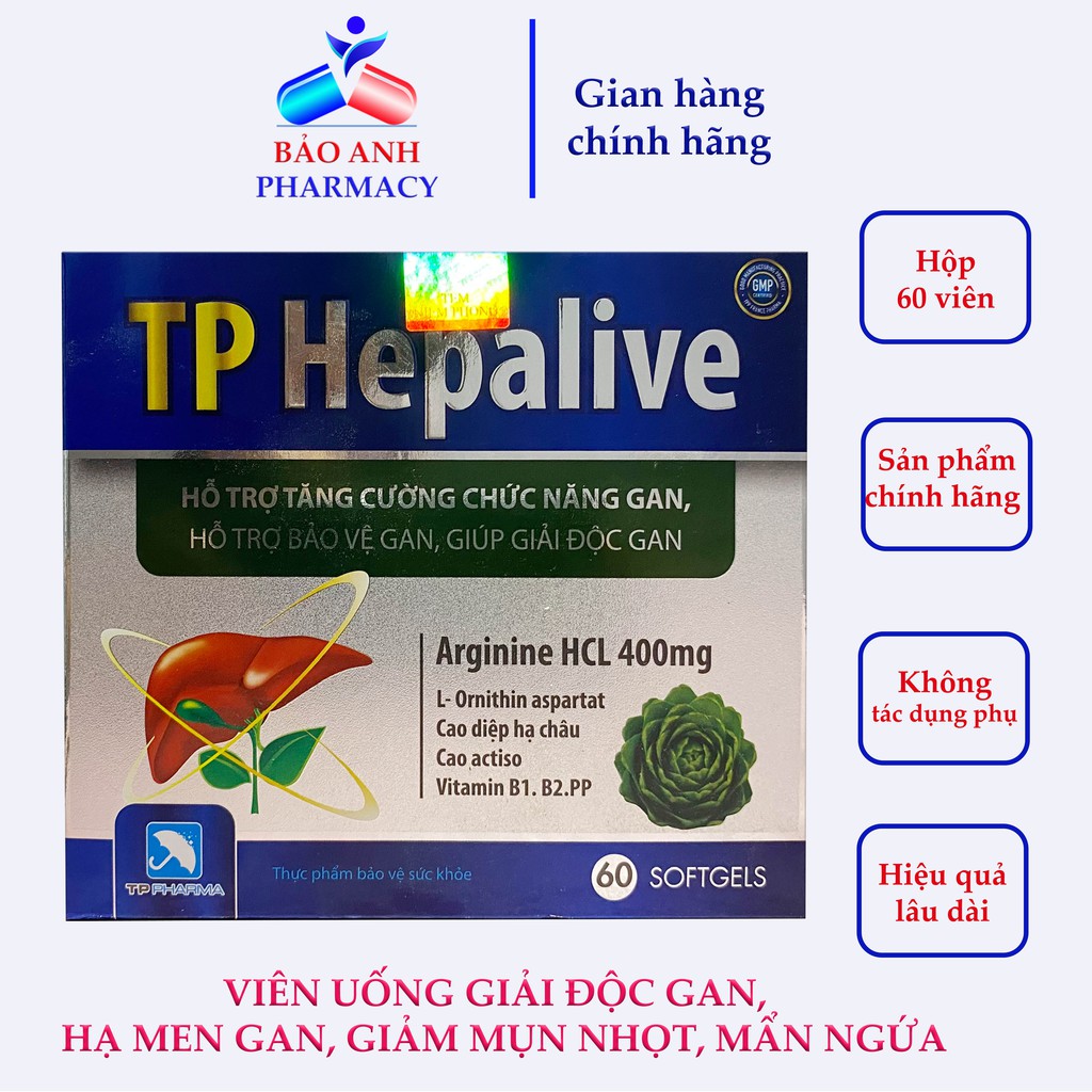 TP HEPALIVE- Viên giải độc gan, bổ gan chứa atiso, arginine, diệp hạ châu làm mát gan, giảm mụn, mề đay, ngứa, giải rượu