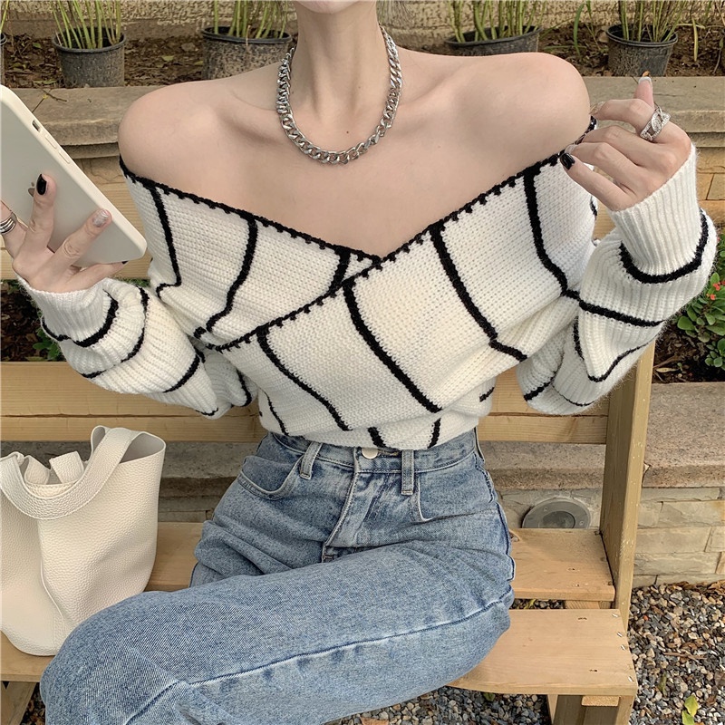 ZHELIHANGFEI Áo Sweater Tay Dài Trễ Vai Lưng Cao Kiểu Dáng Quyến Rũ