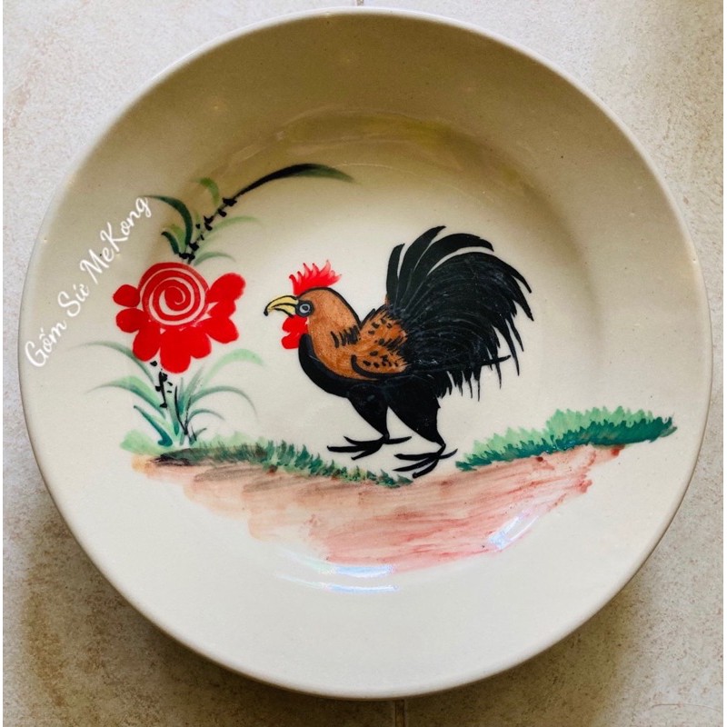 Dĩa cao cấp gốm sứ truyền thống, hoạ tay con gà trống nét chuẩn, vẻ đẹp giản dị quê hương, đường kính 21cm