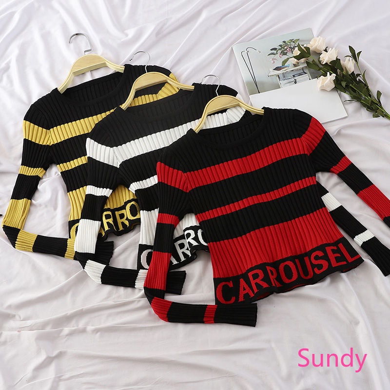 Set áo sweater dệt kim kẻ sọc trắng đen phối quần dài lưng cao ôm dáng sành điệu cho nữ