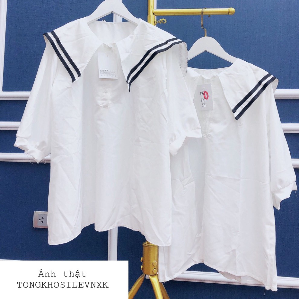 Áo Babydoll Sơ Mi Tay Ngắn Bồng Họa Tiết Viền Đen Cổ Thủy Thủ - Áo Hải Quân Somi Phối Cúc Ngực Ulzzang