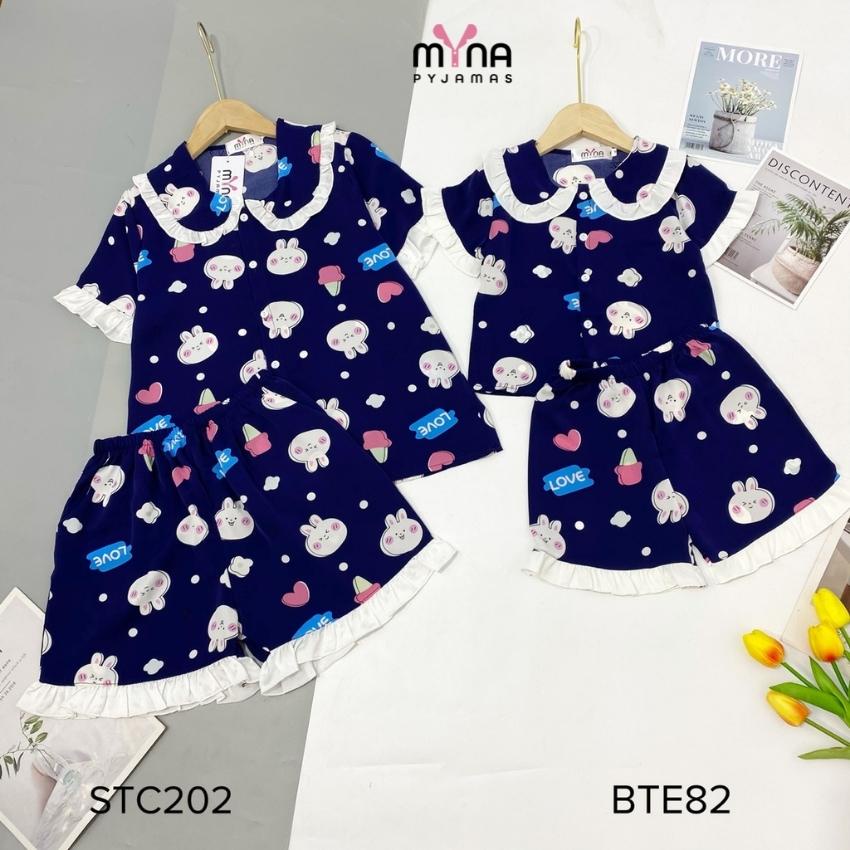 Set bộ mẹ và bé gái áo cộc quần đùi cổ bèo,chất lụa mango mềm mát