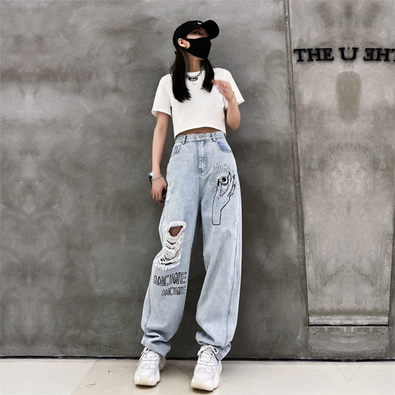 Jiashucheng Quần Jean Dài Lưng Cao Ống Rộng Phối Rách In Họa Tiết Cá Tính