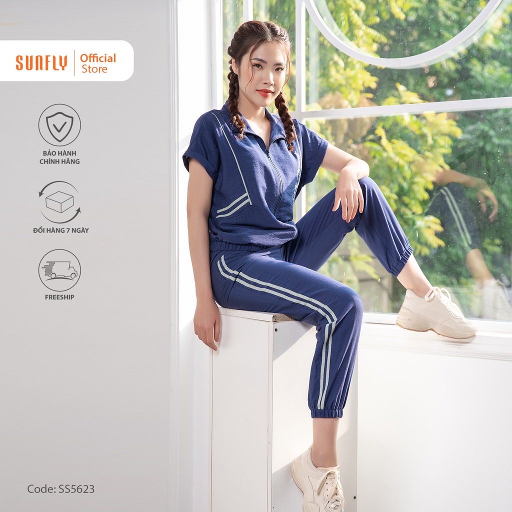 Bộ đồ mặc nhà nữ thể thao linen SUNFLY kéo khóa áo cộc tay, quần dài SS5623