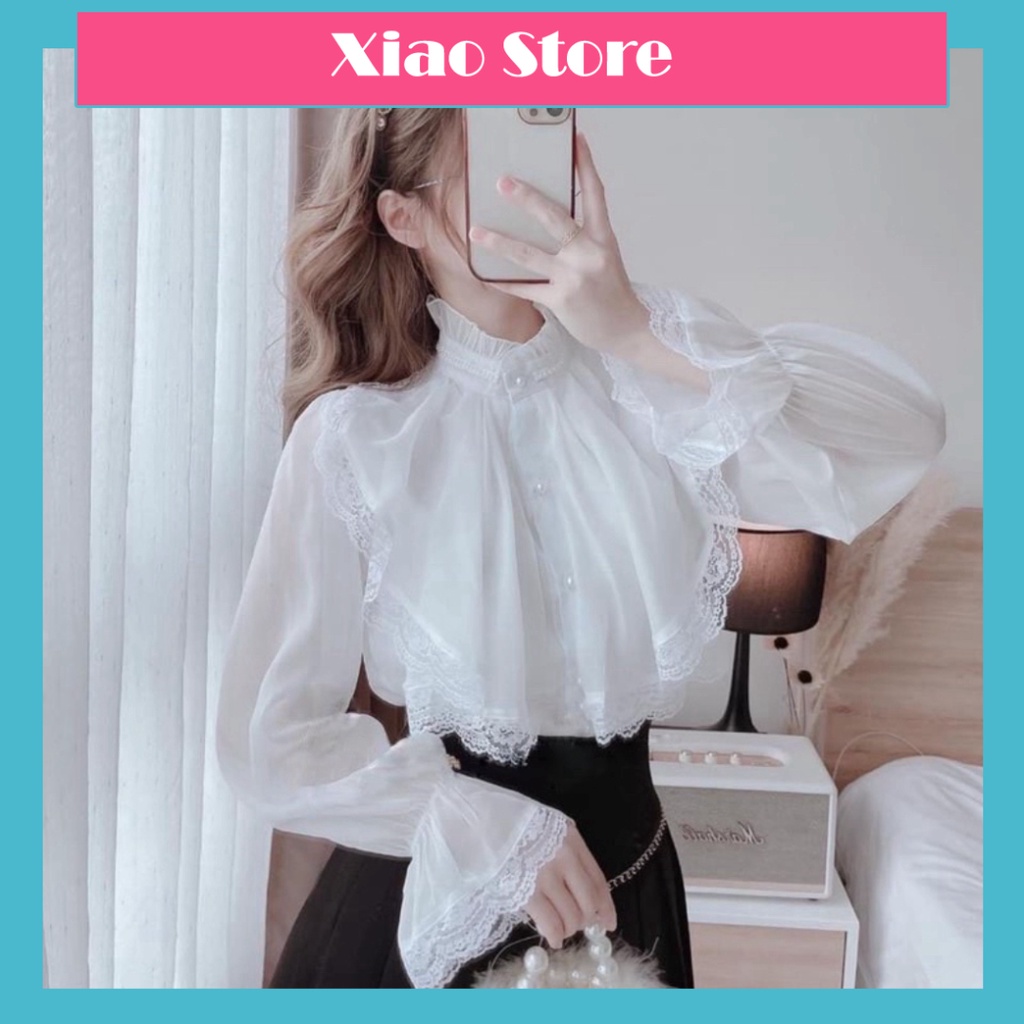 Áo sơ mi tiểu thư 2 lớp diện Tết phối ren_444 babydoll chất đẹp mầu trắng, đen xiao shop