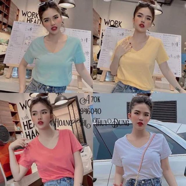 Áo thun giấy cổ tim basic, áo thun nữ dáng dài - 25 Store