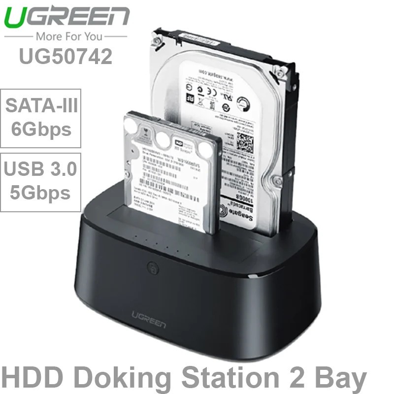 Hộp Đọc ổ cứng HDD/SSD 2 Cổng SATA 2.5/3.5&quot; 16TB,USB 3.0 Tốc độ UASP 6Gbps Ugreen 50742 CM198