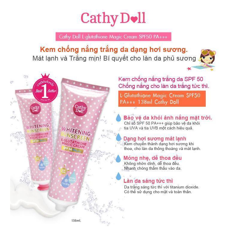 Kem Chống Nắng Trắng Da Dạng Hơi Sương Cathy Doll Whitening Sunscreen L-Glutathione Magic Cream SPF50 PA+++