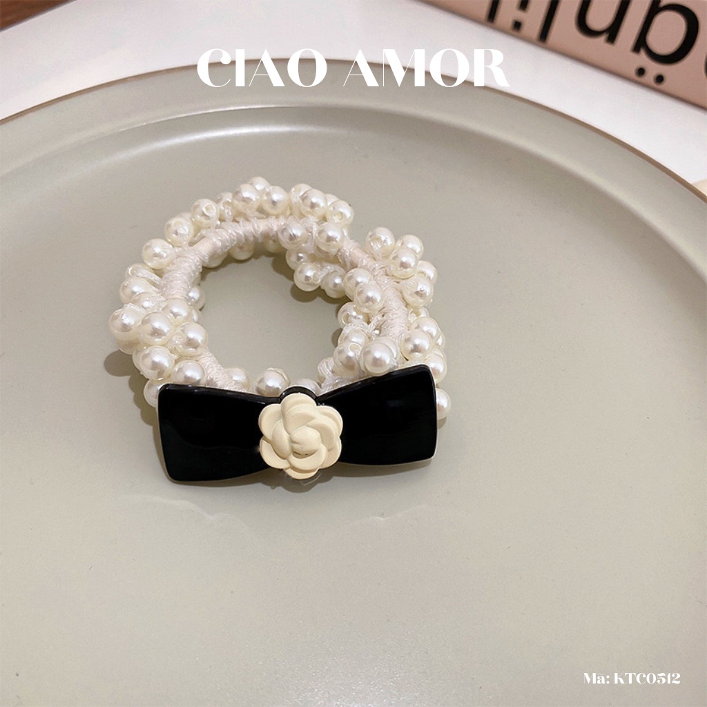 Cột tóc nữ, Chun tóc dây hạt vải đen hoa trắng sữa Trang sức Ciao Amor - KTC0512