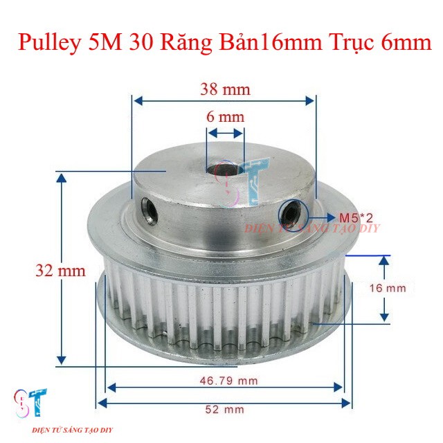 Pulley Bánh Răng Nhôm 5M30 30 Răng Bản Rộng Đai 16mm Trục 6mm