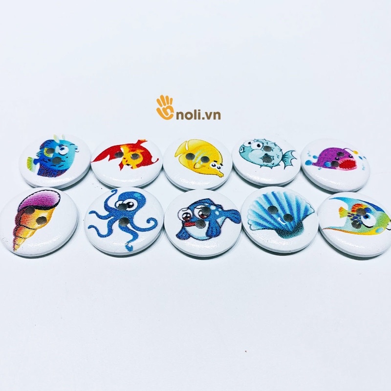 Cúc gỗ trang trí họa tiết biển cả 20mm (Gói 10 cái)