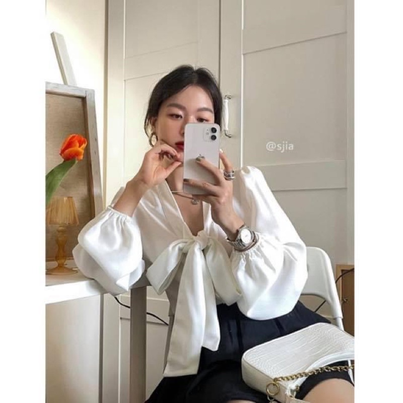 Áo sơ mi kiểu nữ tay dài phồng phối nơ ngực trắng tiểu thư - Order taobao quảng châu