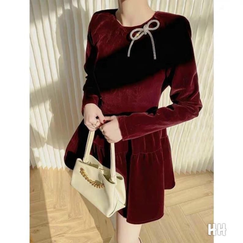 Váy nhung tiểu thư, váy nhung đỏ hàng thiết kế phối nơ sang đẹp tay bồng diện đi chơi nhứt nách | BigBuy360 - bigbuy360.vn