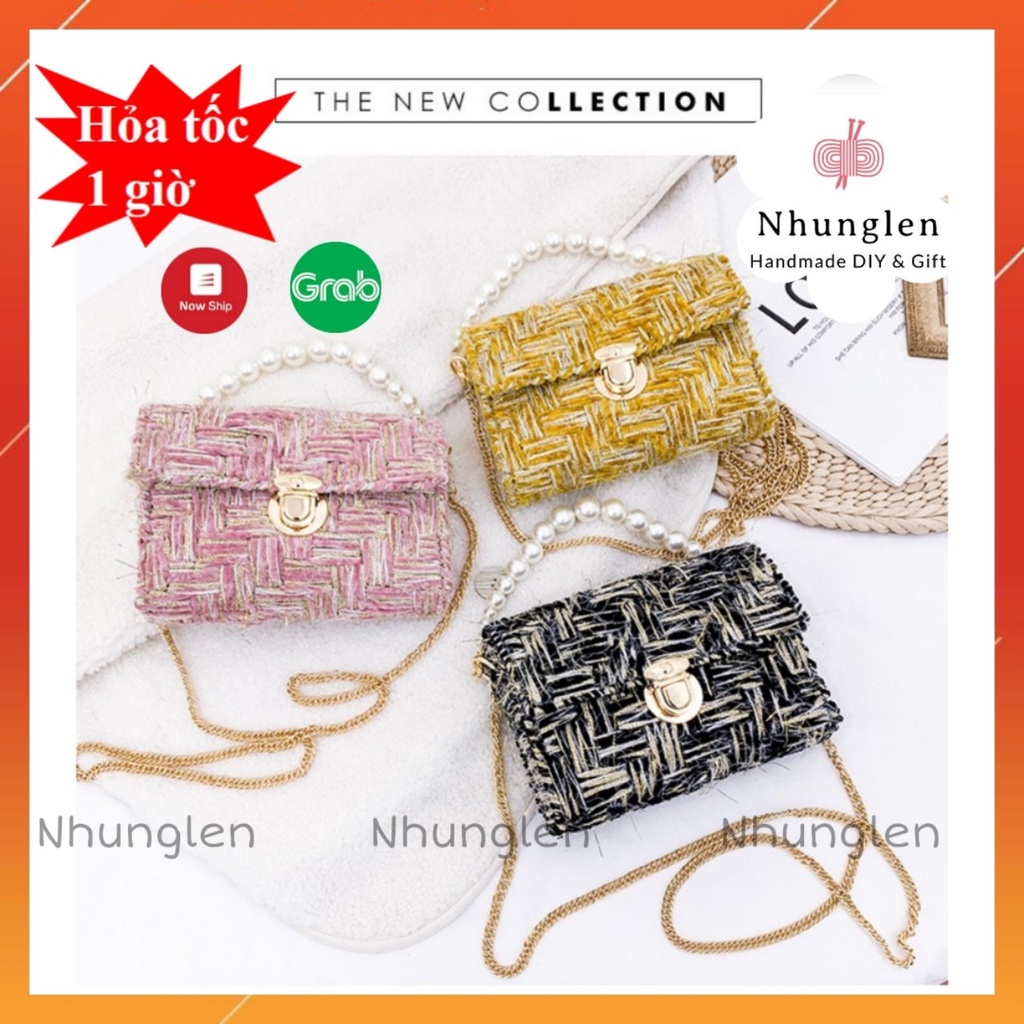 (Set nguyên liệu làm túi) Túi xách tự đan len kim tuyến xù sợi mới, sang chảnh đeo chéo, túi handmade