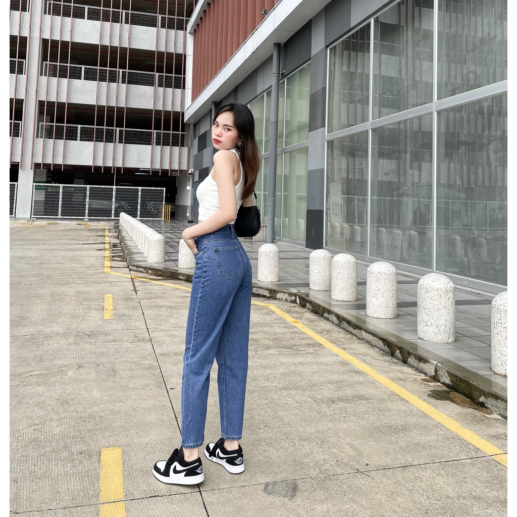(Hình ảnh thật shop tự chụp) Quần Jean Baggy TRơn Nữ Lưng Cao Tôn Dáng Lai Cuôn Shop Maika Jeans