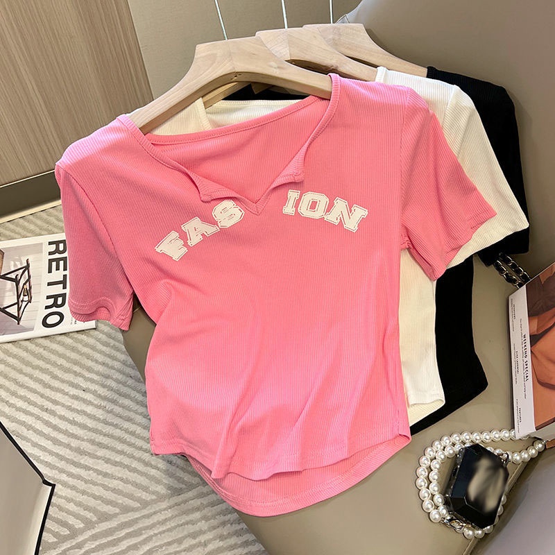 Áo thun PEWARN tay ngắn cổ chữ V thiết kế phong cách Hàn Quốc thời trang mùa hè cho nữ