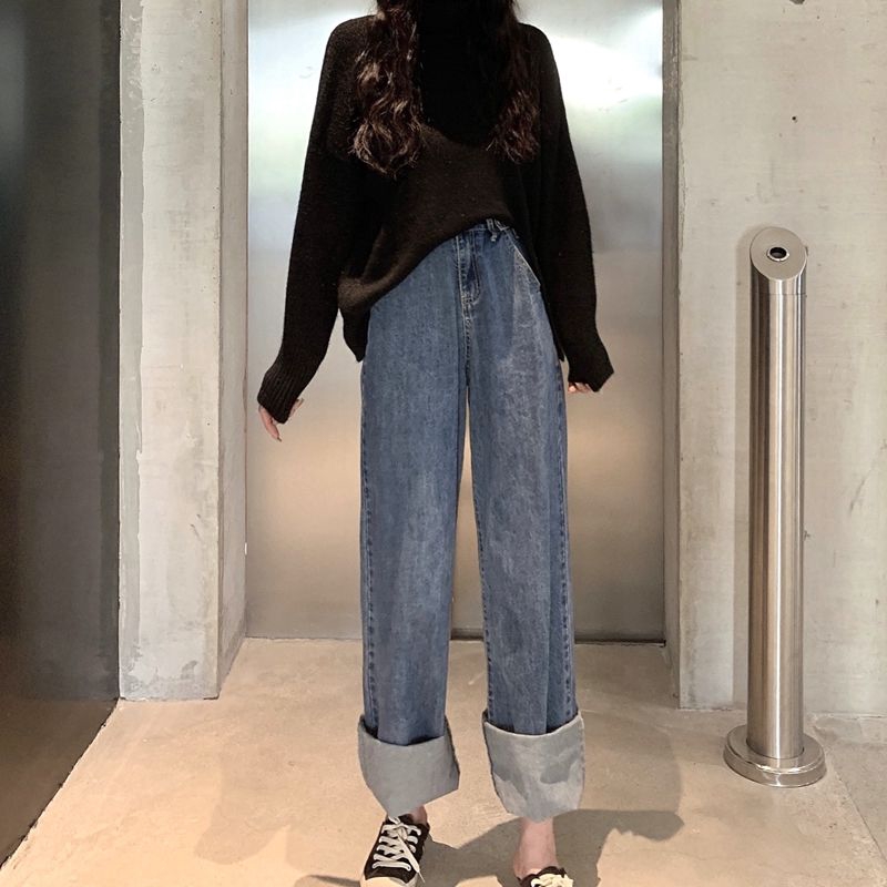 Daduhey Quần Jeans Nữ Cạp Cao Ống Rộng Cá Tính