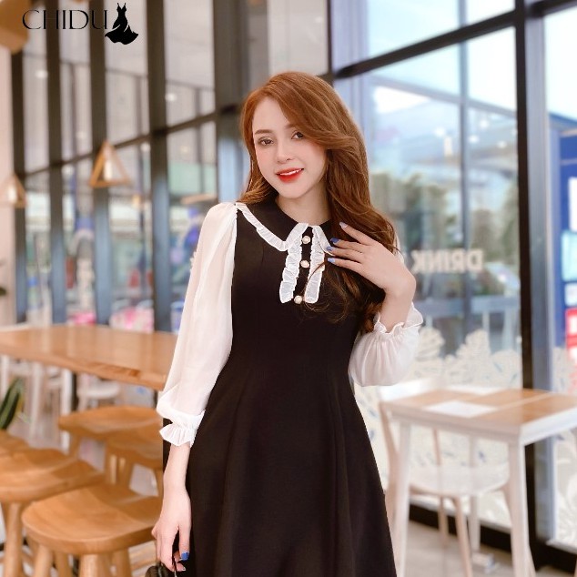 CHIDU Đầm cổ bèo 3 khuy, đầm cổ bèo dáng xòe - SP211