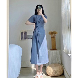 ĐẦM MIDI XANH CỘT NƠ EO