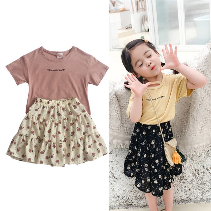 Set áo thun ngắn tay in chữ + Chân váy hoa dễ thương cho bé gái