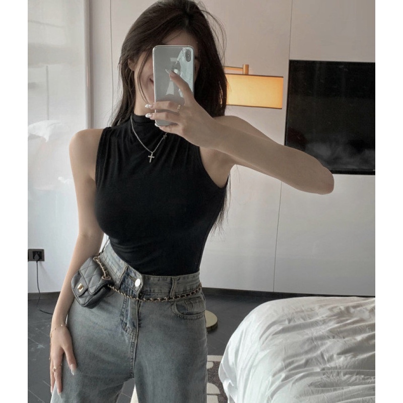 Áo Thun Không Tay Cổ Cao Thời Trang Mùa Thu Dễ Phối Đồ Dành Cho Nữ