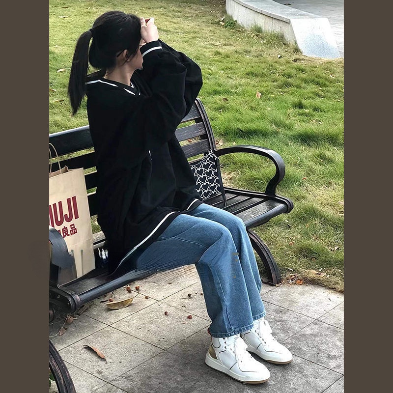 Set Áo Hoodie Form Rộng Và Quần Jeans Thời Trang Mới Cho Nữ