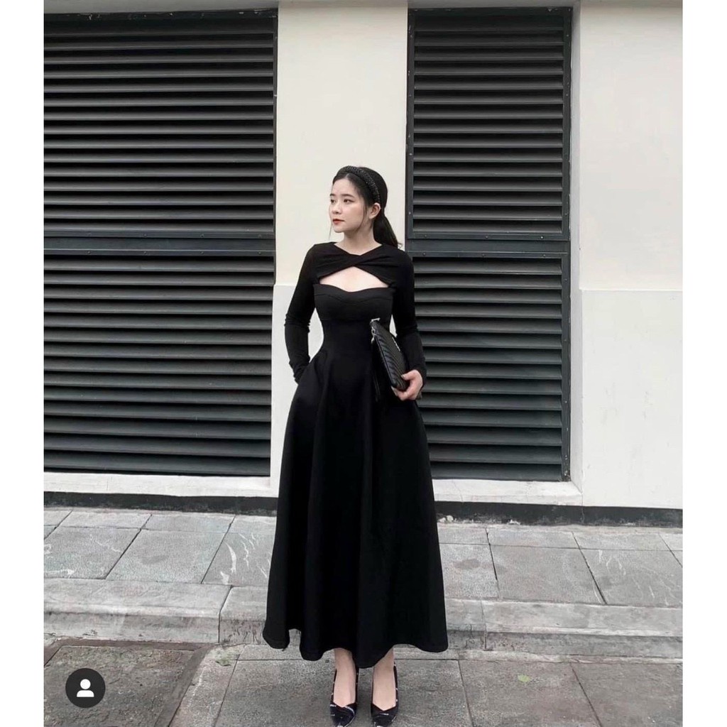 Váy thiết kế hở dáng suông ngực sexy, váy thiết kế dài tay quyến rũ hàn quốc