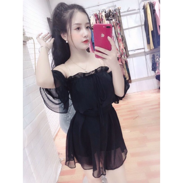 Jumpsuit voan tơ  sước cúp ngực trễ vai nơ..